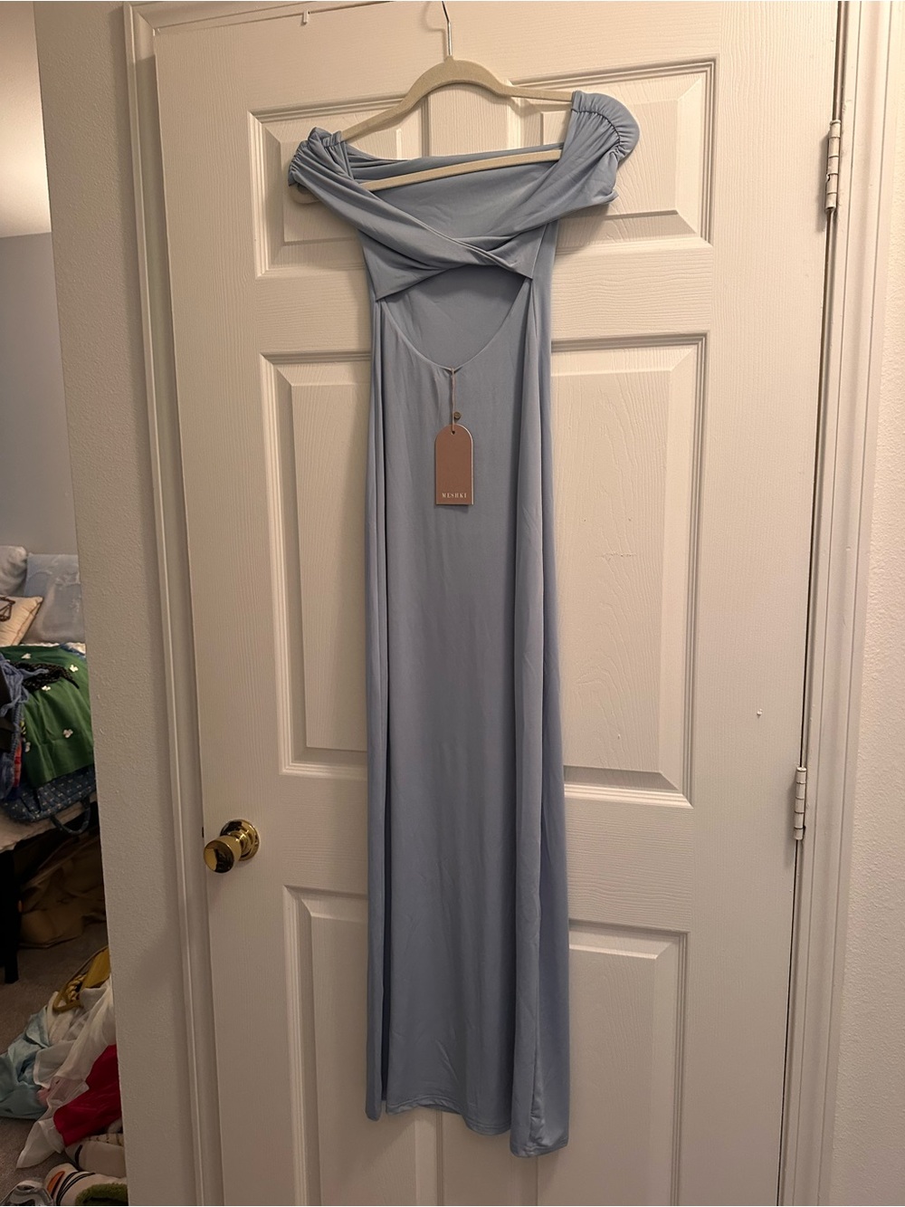 NWT Meshki Imogen Off-Shoulder Slinky Maxi Dress in Dusty Blue - Picture 6 of 6